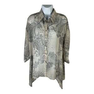 Chico’s Button Front Blouse Gray Cream Paisley sz 0 (S)